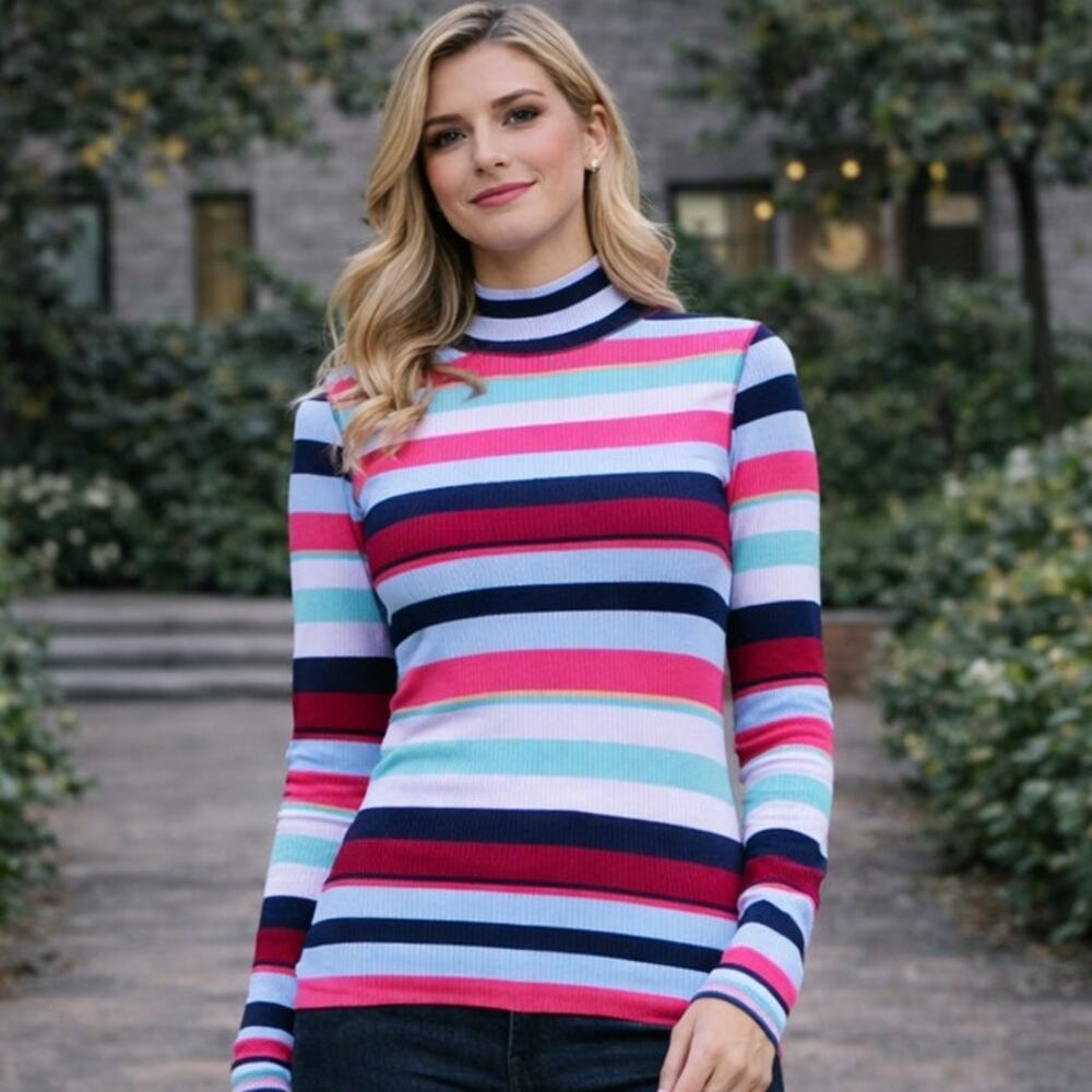 Striped Ribbed Top Mock Neck Stretch - Picture 1 of 8